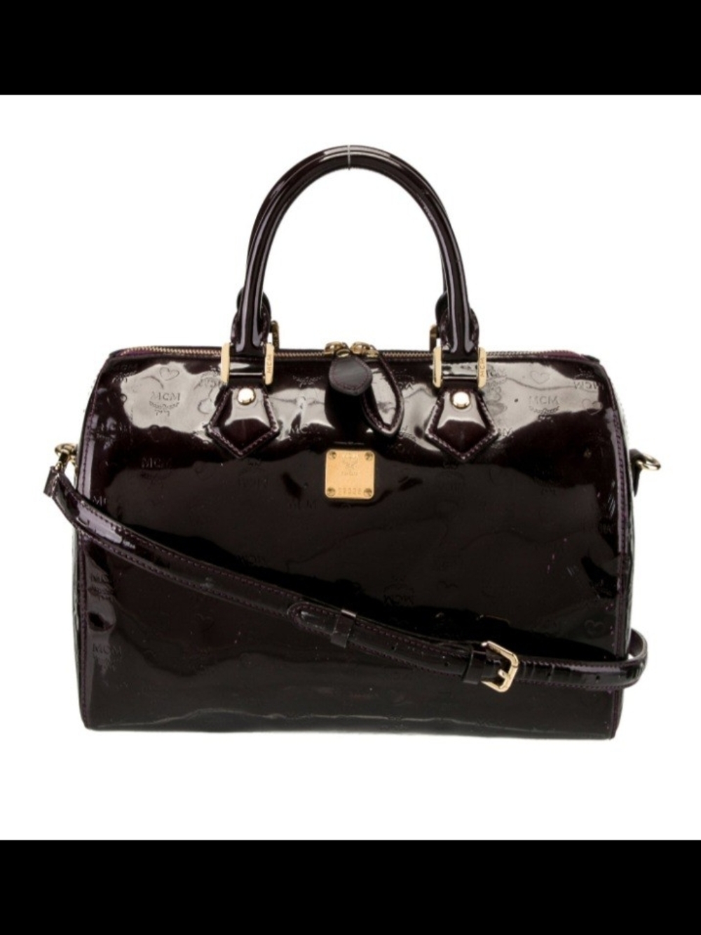 MCM Patent Leather Satchel in Deep Plum with Gold Hardware